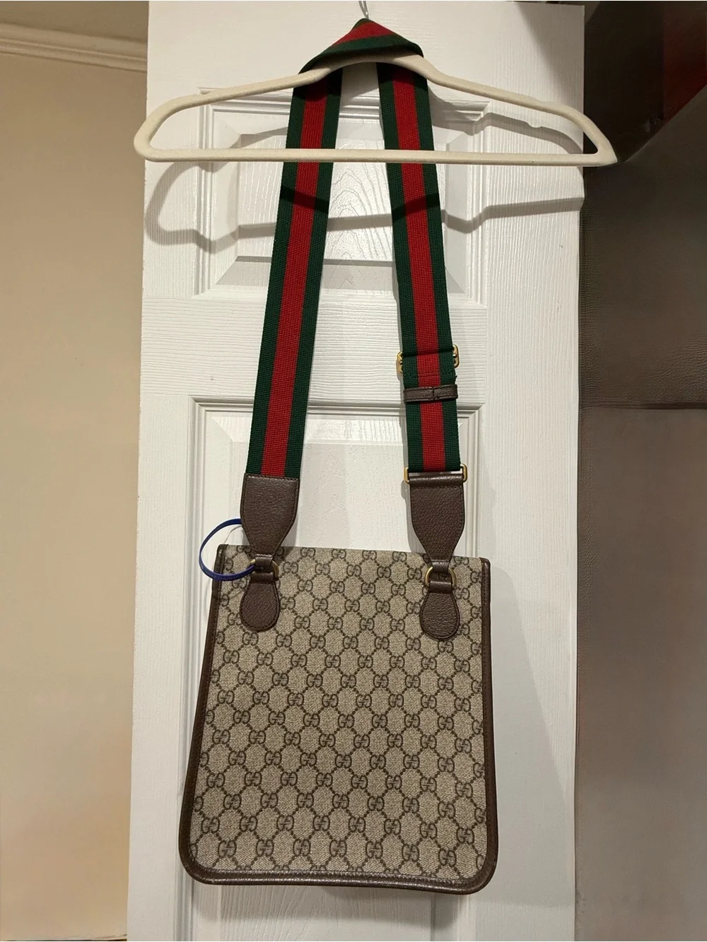 Gucci Beige GG Canvas Messenger with Brown Trim and Green-Red Strap